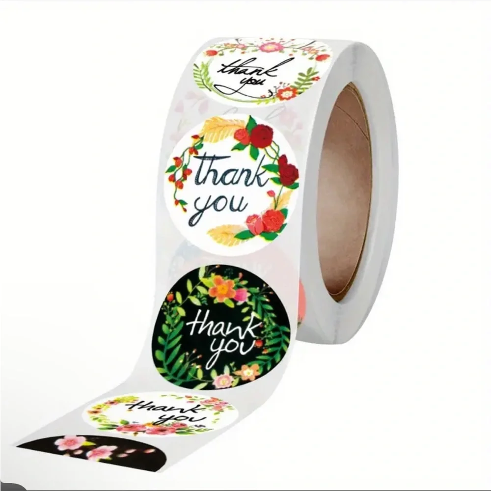 Roll of 500 Floral Thank You Stickers 8 Different Designs Colorful Flowers